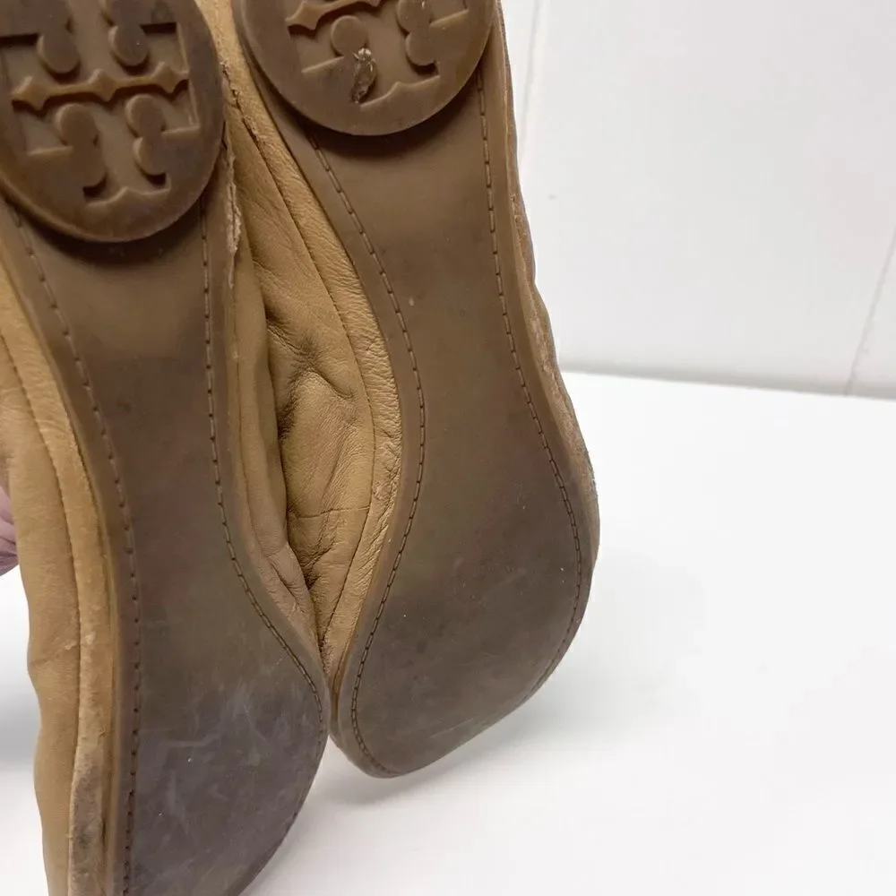 Tory Burch Eddie Logo Bow Two-Tone Ballerina Flat Clay Beige Size 8